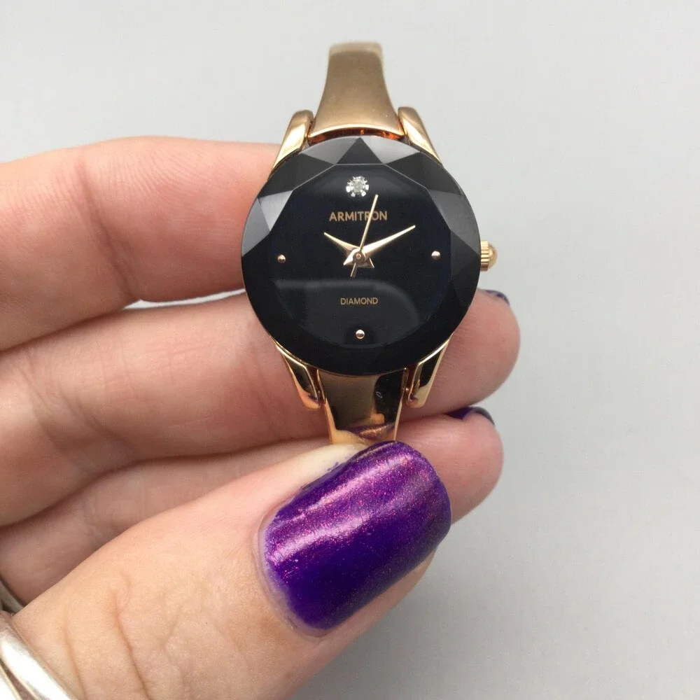 Armitron Diamond Womens Watch 23mm Black Dial Gold Tone New Battery 7.25